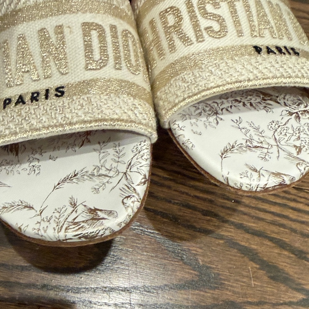 Dior Dway Gold and Beige Embroidered Slide Sandals - Picture 4 of 7